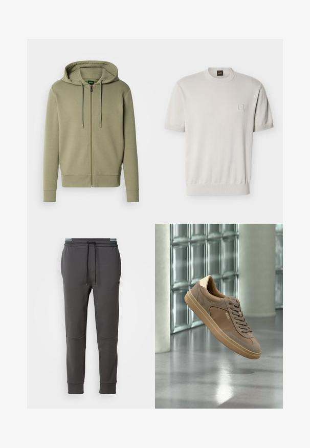 Sudadera con capucha de cremallera en verde oliva, hecha de tela suave. Cuenta con capucha ajustable con cordón, puños acanalados y un pequeño logo en el pecho.; Suéter beige de manga corta con cuello redondo, dobladillo y puños acanalados, pequeño detalle cuadrado en el pecho izquierdo y etiqueta de marca en el cuello.; Pantalones de chándal gris carbón con cinturilla elástica, cordón ajustable, bolsillos laterales y puños acanalados. Textura suave y diseño ajustado.; Zapatilla deportiva beige casual con cordones y logo "BOSS" flotando sobre un suelo de hormigón pulido con fondo de pared de bloques de vidrio.