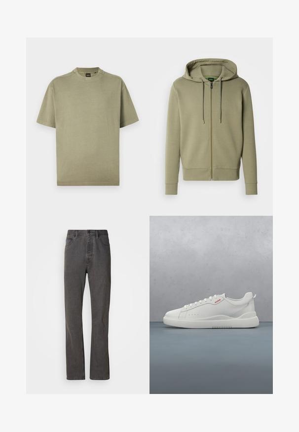 Sweat à capuche zippé vert olive en tissu doux. Comprend une capuche avec cordon, des poignets côtelés et un petit logo sur la poitrine.; T-shirt vert olive à manches courtes en coton doux avec un col rond et un design simple, affichant un logo discret au niveau du col.; Jeans en denim gris avec une coupe droite, dotés de poches avant, d'une fermeture à bouton et d'une texture subtile.; Sneaker blanche avec une finition en cuir lisse, bout rond, quatre œillets, perforations subtiles et un détail de logo rouge sur le côté.