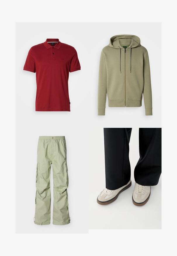 Olivovo zelená mikina na zips vyrobená z mäkkého materiálu. Má kapucňu so šnúrkou, rebrované manžety a malý logo na hrudi.; Červené polo tričko vyrobené z mäkkej bavlnenej tkaniny. Obsahuje klasický golier, zapínanie na dve gombíky a vyšitý logo na hrudi.; Svetlozelené nákladné nohavice s elastickým pásom, bočnými vreckami a voľným strihom. látka má hladkú textúru a mierny lesk.; Nohy v béžových teniskách s hnedými podrážkami a čierne široké nohavice na bielom pozadí.
