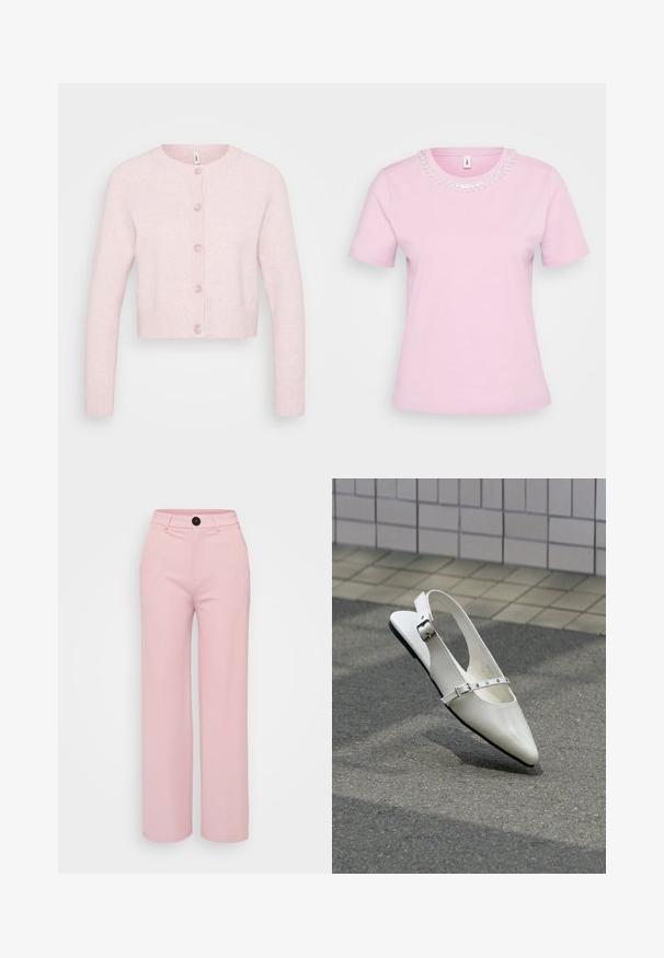 Lyserød cardigan lavet af blødt stof, med rund halsudskæring, lange raglanærmer, ribbede manchetter og bundkant, samt fem knapper.; Lyserød T-shirt med korte ærmer og rund halsudskæring, udsmykket med dekorative perler og palietter omkring kraven. Blød bomuldsblanding.; Lys rosa bred benbukser med en glat tekstur, der har en sort knap og et klassisk talje design. Ingen ekstra lommer synlige.; Hvid spids slingback flad sko med to sølvspænder, vist udendørs på tekstureret underlag og flisebelagt væg baggrund.