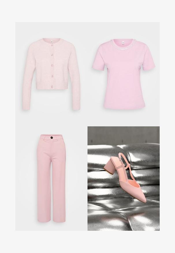 Hellrosa Strickjacke aus weichem Stoff mit rundem Halsausschnitt, langen Raglanärmeln und gerippten Bündchen sowie unterem Saum, ausgestattet mit fünf Knöpfen.; Rosa T-Shirt mit kurzen Ärmeln und rundem Halsausschnitt, verziert mit dekorativen Perlen und Pailletten am Kragen. Weicher Baumwollmix.; Helle rosa weite Hose mit glatter Textur, ausgestattet mit einem schwarzen Knopf und einem klassischen Taillendesign. Keine zusätzlichen Taschen sichtbar.; Rosa Blockabsatzschuh mit Knöchelriemen, der über einer glänzenden silbernen gesteppte Lederoberfläche schwebt.
