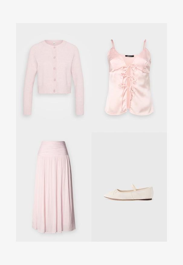 Cardigan rose clair en tissu doux, avec un col rond, des manches raglan longues, des poignets et un ourlet inférieur côtelés, comportant cinq boutons.; Camisole en satin rose avec des bretelles spaghetti réglables, dotée d'une fermeture à nouer à l'avant avec des anses et d'un décolleté en V. Texture lisse et lignes épurées.; Jupe longue taille haute rose clair avec taille froncée et tissu plissé fluide s'étendant jusqu'au sol.; Ballerines en daim beige clair, bout pointu et fine bride élastique sur le dessus. Semelle plate avec un léger accent en caoutchouc.