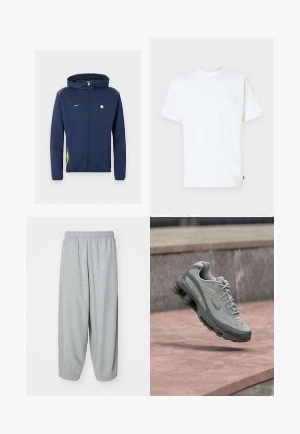 Marineblå Nike jakke med lynlås hele vejen og hætte, lysegrønt logo og detaljer samt snore i hætten mod ensfarvet baggrund.; Hvid bomuld T-shirt med rund hals, korte ærmer og lille præget Nike-logo på brystet. Blød tekstur og afslappet pasform.; Lys grå, løstsiddende sweatpants lavet af blød stof. Elastisk talje og manchetter ved anklerne. Enkel og udekoreret design.; Grå og hvid Nike-sneaker ophængt over et stentrin med synlig luftpolstring og tekstureret sål.