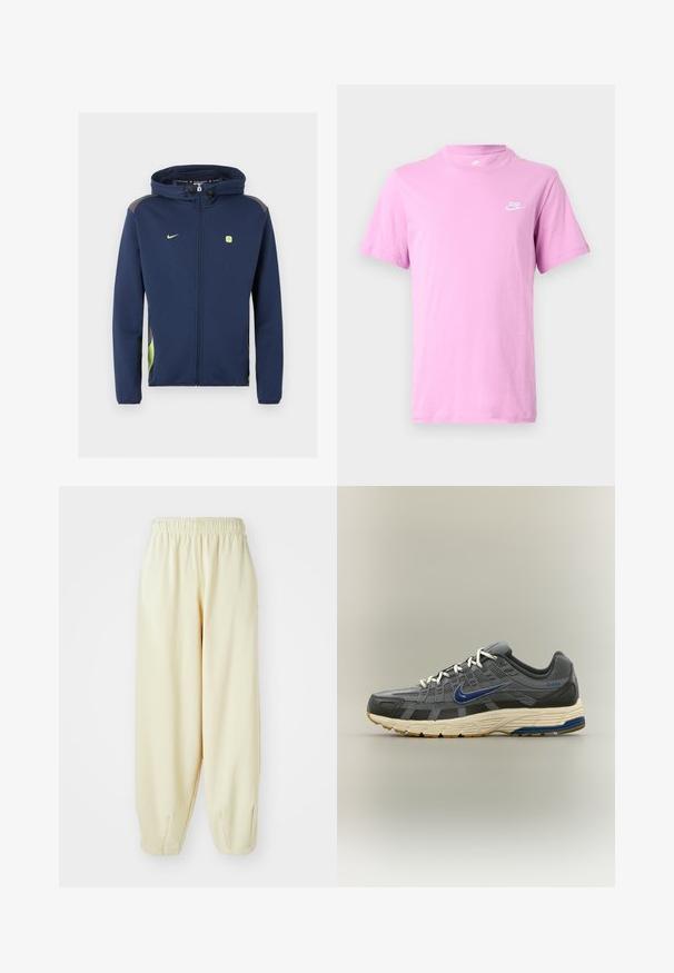 Tumesinine täislukuga Nike jope kapuutsiga, helerohelise logoga ja detailidega ning kapuutsil paelad ühevärvilise tausta ees.; Helelilla lühikeste varrukatega Nike T-särk ümara kaelusega ja vasakul rinnal väike valge Nike logo, valgel taustal.; Kreemikaaluses värvitoonis dressipüksid elastse vöökoha, kitsenevate sääreotste ja lõdva lõikega. Valmistatud pehmest ja kergest kangast.; Hall ja must Nike jooksujalanõu sinise Swoosh logoga, valgete paeltega ja beež põhjaga, millel on sinised ja pruunid tallamustrid.