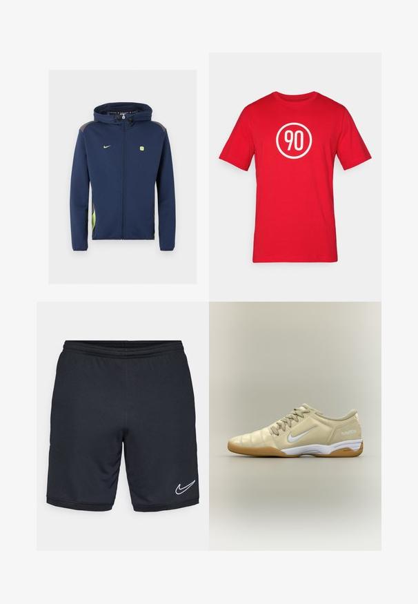 Veste Nike bleu marine zippée intégrale avec capuche, logo vert clair et accents, et cordons sur la capuche sur fond uni.; T-shirt en coton rouge avec un graphique circulaire blanc portant le numéro "90" au centre. Encolure classique et manches courtes.; Shorts de sport noirs en tissu léger et lisse, avec une taille élastique et un accent logo Nike blanc près de l'ourlet.; Chaussure de football en salle beige avec un swoosh Nike blanc, semelle en gomme, lacets et texte "total90 III" au talon, vue de côté.
