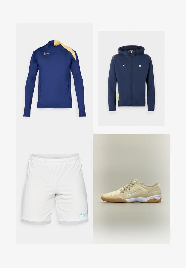 Chaqueta Nike azul marino con cremallera completa y capucha, con logo y detalles en verde claro y cordones en la capucha sobre fondo liso.; Camiseta deportiva de manga larga en azul marino con un acento amarillo en el hombro, cuello con media cremallera y el logotipo de Nike en rojo en el pecho.; Pantalones cortos deportivos blancos con cintura elástica, ribete de malla y un logo de swoosh de Nike en color turquesa en la parte inferior derecha.; Zapatilla de fútbol sala beige con el logo blanco de Nike Swoosh, suela de goma, cordones y texto "total90 III" en el talón, mostrada de lado.