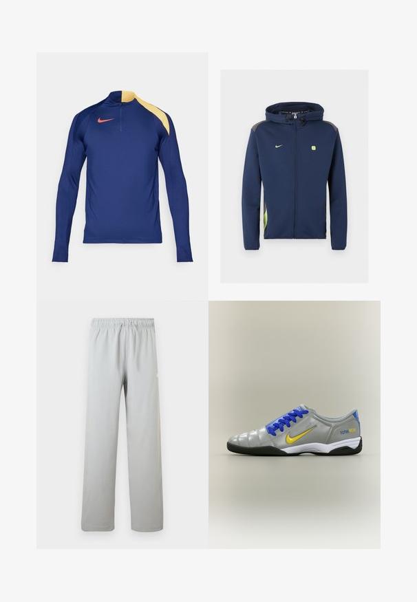 Navy blauwe Nike-jas met volle rits en capuchon, lichtgroen logo en accenten, en trekkoorden op de capuchon tegen een effen achtergrond.; Marineblauw sportshirt met lange mouwen, een gele schouderaccent, een half-rits kraag en een rood Nike swoosh logo op de borst.; Lichtgrijze casual broek met elastische tailleband en trekkoord, rechte pijp, geschikt voor dagelijks gebruik.; Grijze Nike Total 90 binnenschoenen met gele swoosh, blauwe veters en zwarte zool op een neutrale achtergrond.