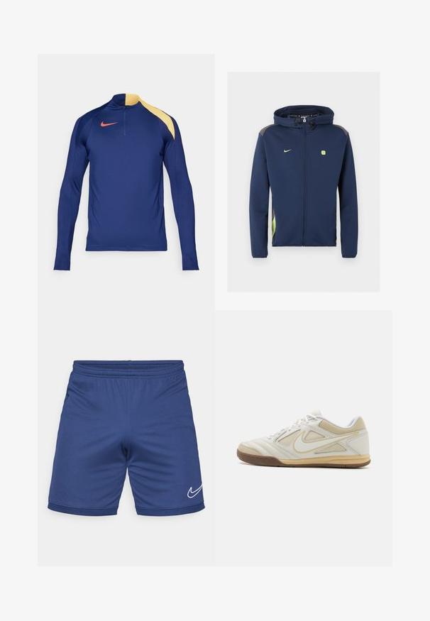 Veste Nike bleu marine zippée intégrale avec capuche, logo vert clair et accents, et cordons sur la capuche sur fond uni.; Haut de sport à manches longues bleu marine avec accent jaune sur l'épaule, col zippé mi-haut et logo swoosh rouge de Nike sur la poitrine.; Shorts de sport bleu en matériau léger. Dotés d'une taille élastique et du logo Nike en blanc sur le bas.; Chaussure de sport blanche avec une tige texturée, accents gris, design à lacets et semelle en caoutchouc beige. Présente un logo distinctif sur le côté.