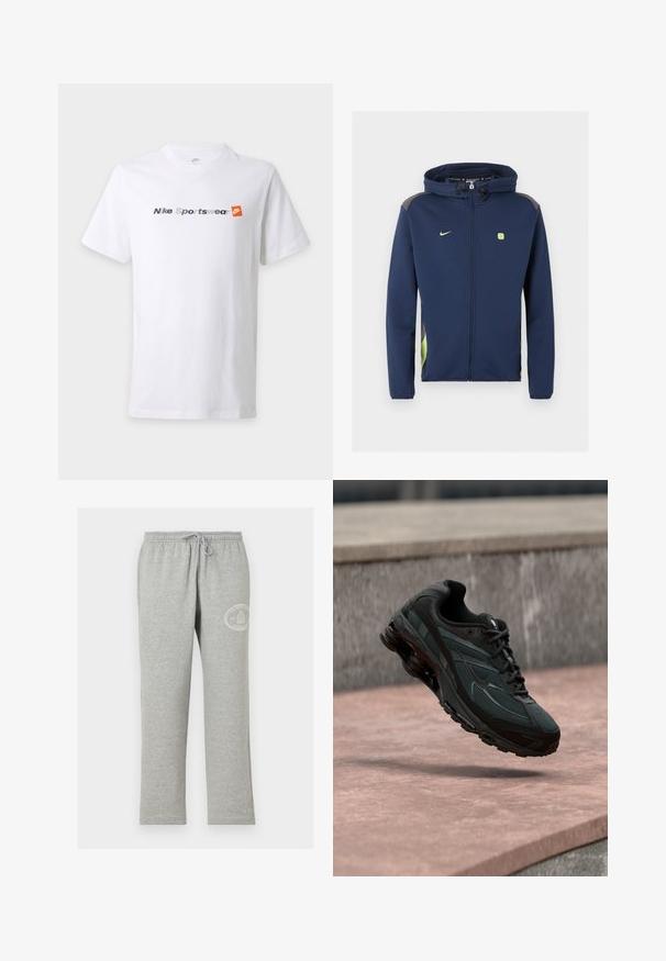 Μπλε ναυτικό μπουφάν Nike με φερμουάρ ολόκληρο, κουκούλα, ανοιχτοπράσινο λογότυπο και λεπτομέρειες, και κορδόνια στην κουκούλα πάνω σε μονόχρωμο φόντο.; Λευκό κοντομάνικο μπλουζάκι με το κείμενο "Nike Sportswear" σε γκρίζο και ναυτικό μπλε και πορτοκαλί λογότυπο Nike στο στήθος.; Γκρι φόρμα με ελαστική μέση και κορδόνι, με μικρό λευκό κυκλικό λογότυπο στο πάνω αριστερό μηρό.; Μαύρο αθλητικό παπούτσι με ορατή μεσαία σόλα αέρα που αιωρείται πάνω από μια ροζ πέτρινη επιφάνεια με φόντο ένα γκρι πέτρινο τοίχο.