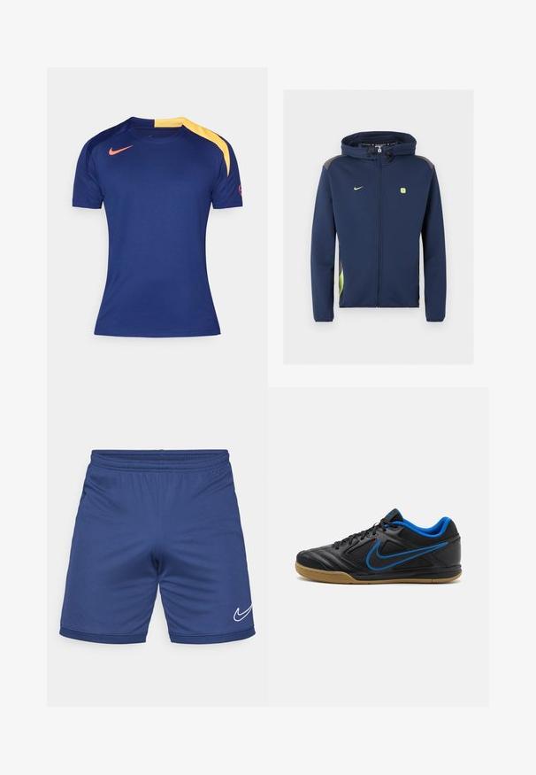 Marineblå Nike jakke med lynlås hele vejen og hætte, lysegrønt logo og detaljer samt snore i hætten mod ensfarvet baggrund.; Mørkeblå sports T-shirt med korte ærmer, gult skulderpanel og rødt Nike-swoosh på brystet og ærmet.; Blå atletiske shorts lavet af letvægtsmateriale. Har en elastisk talje og et hvidt Nike swoosh-logo på den nedre side.; Sorte træningssko med blå detaljer, tekstureret syntetisk overdel, snørelukning og gummisål. Har en fremtrædende side logo detalje.