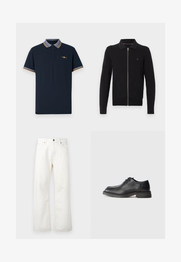 Schwarzer Strick-Zip-Hoodie mit geripptem Kragen und Bündchen, ausgestattet mit einem kleinen Logo-Patch auf der Brust. Strukturierter Stoff und taillierte Passform.; Dunkelblaues Polohemd aus Baumwolle, mit einem Kragen in Grau und orangefarbigen Akzenten sowie einer Knopfleiste mit drei Knöpfen. Besticktes 1962-Logo.; Weiße, weit geschnittene Jeans aus Denim, mit einem normalen Taillenbund, Vordertaschen und einem Knopfverschluss. Texturiertes Gewebe mit sauberem Finish.; Schwarzer Lederschuh mit glatter Textur, abgerundetem Zehenbereich und flacher, geprägter Naht. Dicke Gummisohle mit leichtem Absatz und rutschfester Musterung.