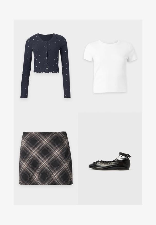 Cardigan court bleu marine à pois blancs, manches longues, fermeture boutonnée, encolure ronde et bords froncés sur l’ourlet et les poignets.; T-shirt blanc uni à manches courtes et col rond sur fond gris clair, présenté à plat face vers l’avant.; Jupe mini à carreaux noir et beige avec un motif à checks diagonal, taille ajustée et texture de tissu lisse.; Ballerines en cuir verni noir avec un bout rond, un design à lacets et une semelle plate. Texture lisse avec peu de détails.