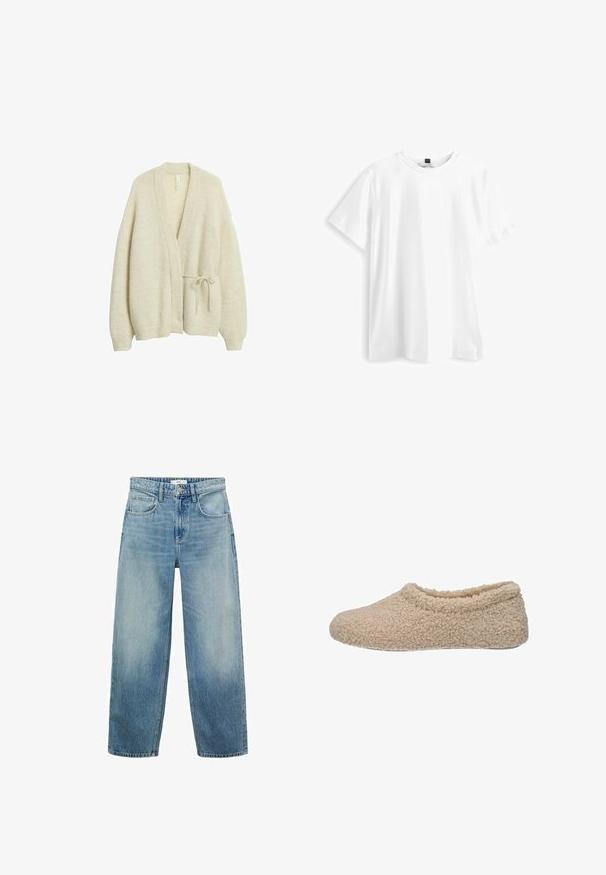 Beige gebreid vest met lange mouwen, open voorkant, geribbelde randen en een dun strikceintuur aan de rechterkant.; Witte katoenen t-shirt met korte mouwen, ronde hals en een iets losse pasvorm. Eenvoudig ontwerp, zonder patronen of extra accenten.; Lichtblauwe denim wijde jeans met een hoge taille, vijf zakken en een knoopsluiting. Verbleekte patroon naar de onderkant.; Beige pantoffel met een zachte, fluffy textuur en een afgeronde vorm. Gesloten achterkant en open voorkant ontwerp, met een lage uitsnede rond de enkel.
