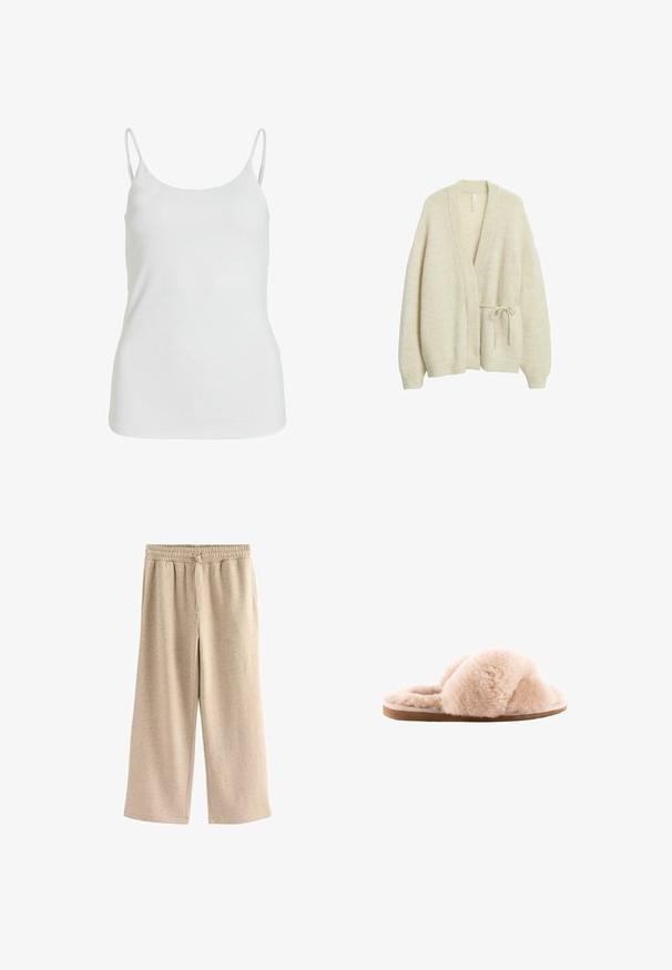 Cardigan beige en maille avec manches longues, devant ouvert, bords côtelés, et une fine ceinture nouée sur le côté droit.; Débardeur blanc en tissu lisse, avec de fines bretelles spaghetti et un design simple et sans embellissement.; Pantalons larges beiges en tissu doux, dotés d'une taille élastique avec cordon de serrage et d'une texture subtilement mouchetée sur l'ensemble.; Chaussons beige clair flous avec des bandes croisées, fabriqués en matériau doux sur une semelle en caoutchouc marron plat. Texture pelucheuse sur toute la surface.