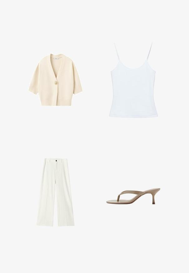 Cardigan à manches courtes de couleur crème avec col en V et fermeture avant au centre par un seul bouton décoratif en forme de soleil.; Camisole blanche pour femme avec fines bretelles spaghetti et un design ajusté et sobre.; Pantalon blanc taille haute à jambes larges, avec plis à l'avant, passants pour ceinture et fermeture par bouton noir à la taille.; Sandale beige en cuir verni avec un talon kitten pointu et une semelle fine, vue de côté sur fond blanc.
