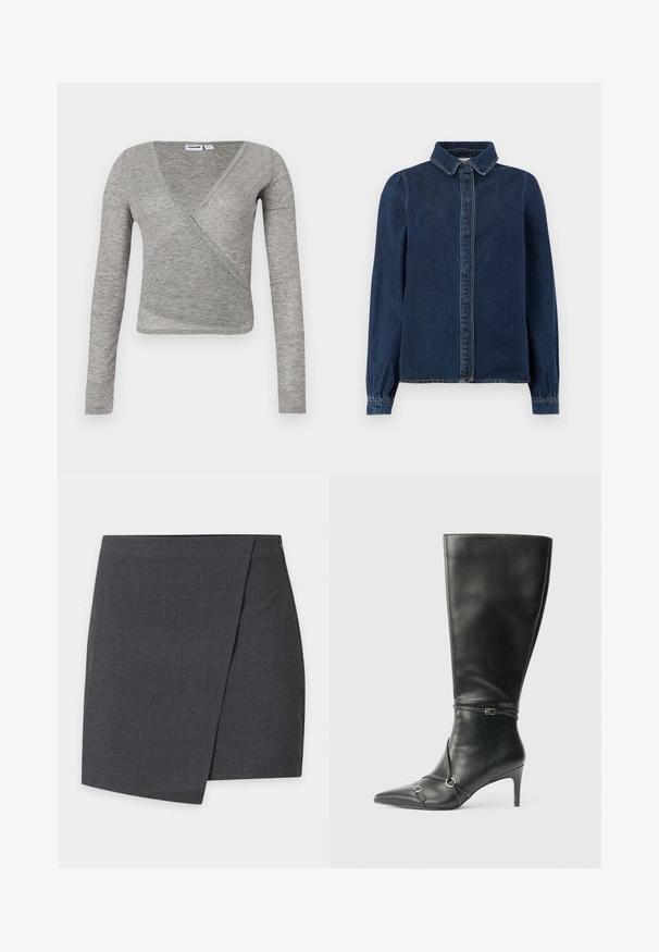 Top gris à manches longues avec effet cache-cœur et texture côtelée. Caractérisé par un décolleté en V profond et une coupe cintrée, idéal pour superposer ou porter de manière décontractée.; Chemise en jean bleu foncé avec un col classique, des boutons sur le devant et des manches longues avec des poignets froncés. Présente des coutures contrastantes sur l'ensemble.; Mini-jupe grise foncée style portefeuille avec des lignes épurées et un subtil détail de chevauchement latéral.; Bottes noires en cuir montant jusqu'au genou, avec un talon fin, un bout pointu et des détails de lanière à la cheville. Texture lisse et design ajusté.