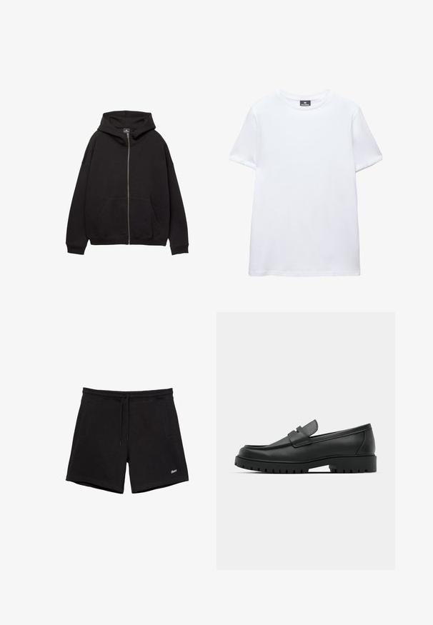 Haut à zip noir fabriqué en tissu doux. Comprend une grande capuche, des poches avant et des poignets côtelés. Design simple et décontracté.; T-shirt blanc uni en coton à manches courtes avec col rond et étiquette noire de la marque Pull&Bear à l’intérieur du col.; Shorts noirs décontractés avec une ceinture élastique, un cordon de serrage, deux poches latérales et un petit logo blanc brodé sur la jambe gauche.; Mocassins en cuir noir à bout arrondi, avec un design cousu, une semelle plateforme basse et une semelle en caoutchouc texturée et crantée.