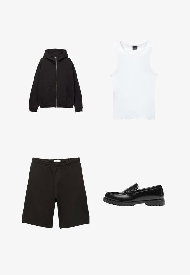 Haut à zip noir fabriqué en tissu doux. Comprend une grande capuche, des poches avant et des poignets côtelés. Design simple et décontracté.; Débardeur blanc sans manches en coton côtelé. Présente un col rond et une texture lisse. L'étiquette indique "PULL&BEAR."; Shorts décontractés noirs à taille élastique avec un design simple et une petite étiquette de marque blanche au centre du dos de la ceinture.; Mocassin en cuir noir avec une semelle en caoutchouc épaisse et un détail classique de bride à monnaie, vu de côté extérieur.