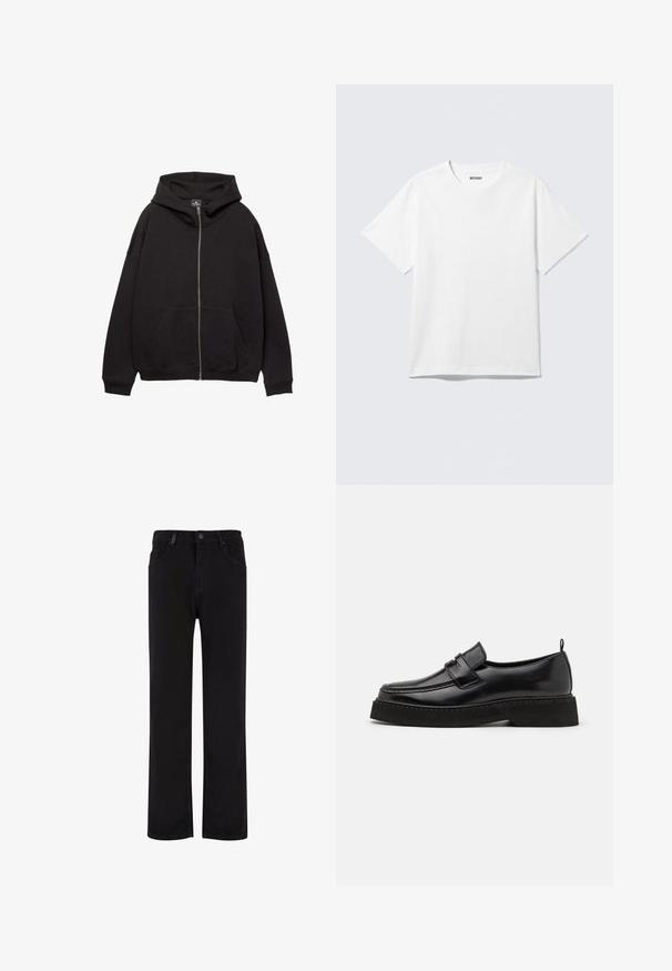 Sort zip-up hoodie lavet af blødt stof. Har en stor hætte, forlommer og ribbede manchetter. Enkel, afslappet design.; Hvid kortærmet crewneck T-shirt lagt fladt ud, ensfarvet design, med "WEEKDAY" mærkat inde i kraven på en lys baggrund.; Sorte denimbukser med lige ben design, der har en knaplukning, bælteløjfer og forlommer. Glat tekstur og ensartet farve.; Sorte læder loafersko i stil med flad, tekstureret sål, med en syet tå og en rem over vristen.