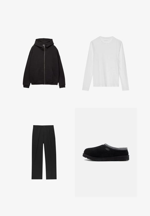 Haut à zip noir fabriqué en tissu doux. Comprend une grande capuche, des poches avant et des poignets côtelés. Design simple et décontracté.; T-shirt blanc à manches longues en coton doux, avec un col rond et une texture lisse sans motifs ni accents visibles.; Pantalons noirs au design droit, fabriqués à partir d'un tissu lisse. Dotés de plis sur le devant et d'une fermeture à un bouton à la taille.; Sabots en suède noir avec un bout arrondi, dotés d'un col en maille et d'une semelle en caoutchouc texturée. Affiche le logo UGG sur le côté.