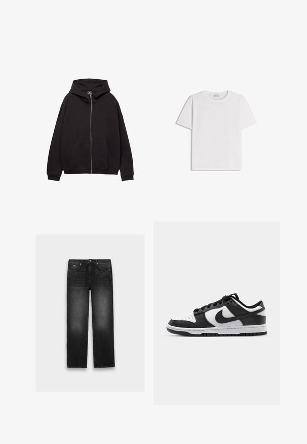 Haut à zip noir fabriqué en tissu doux. Comprend une grande capuche, des poches avant et des poignets côtelés. Design simple et décontracté.; T-shirt en coton blanc avec un col rond et des manches courtes. Présente une coupe classique et carrée, sans motifs ni accents visibles.; Jean noir à jambes droites avec cinq poches, fermeture à boutons et légère décoloration sur les cuisses et les genoux, posé à plat sur un fond neutre.; Baskets Nike Dunk en noir et blanc avec une tige en cuir, un bout perforé, des lacets noirs et une semelle en caoutchouc noir avec un motif de semelle.