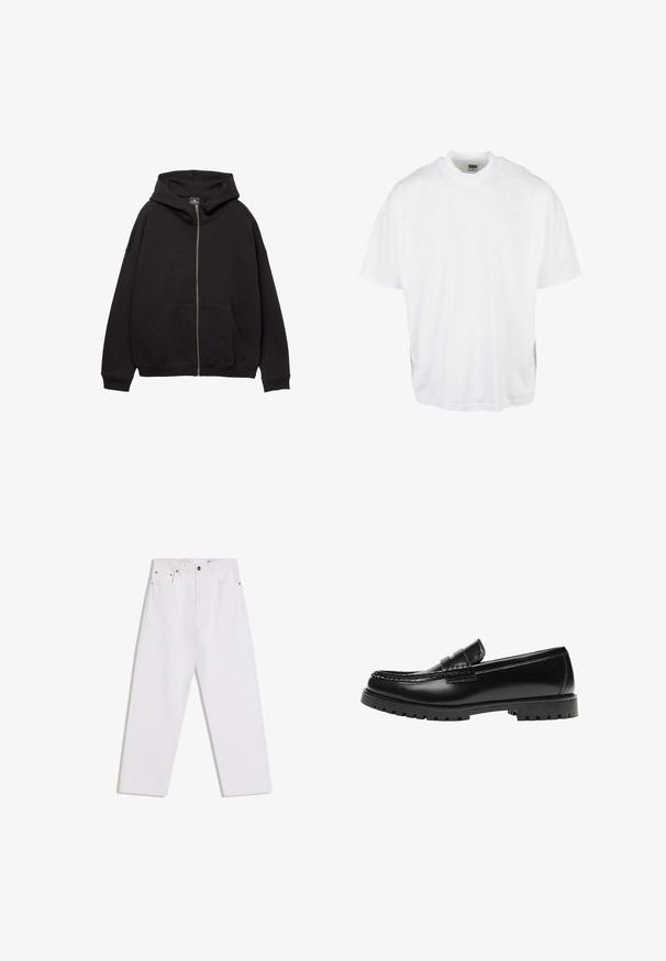 Haut à zip noir fabriqué en tissu doux. Comprend une grande capuche, des poches avant et des poignets côtelés. Design simple et décontracté.; T-shirt en coton blanc avec une coupe décontractée, des manches courtes et un col rond, présentant un ourlet droit et sans graphiques ni motifs visibles.; Jean blanc droit avec cinq poches, passants pour ceinture, et fermeture à bouton et glissière à l'avant sur un fond uni.; Mocassin en cuir noir avec une semelle en caoutchouc épaisse et un détail classique de bride à monnaie, vu de côté extérieur.