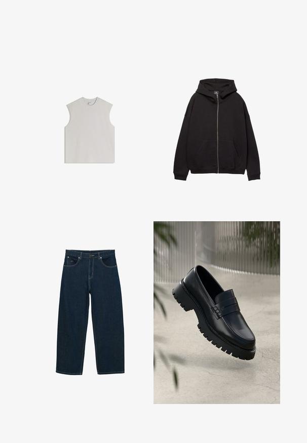 Haut à zip noir fabriqué en tissu doux. Comprend une grande capuche, des poches avant et des poignets côtelés. Design simple et décontracté.; Débardeur sans manches gris clair en coton doux, doté d'un col rond, d'une coupe décontractée et d'un design minimaliste sans ornements.; Jean en denim bleu foncé avec une coupe décontractée, dotés de cinq poches, de coutures dorées et d'une fermeture à bouton à la taille.; Mocassins en cuir noir avec une semelle à crampons épaisse, dotés d'une sangle décorative et de détails de couture. Texture lisse avec une finition polie.