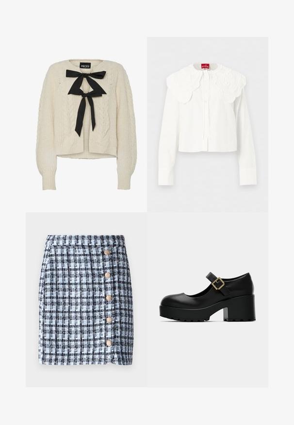 Crème kabelgebreide trui met zwarte lintstrik bij de halslijn, lange mouwen en geribbelde manchetten en onderkant. Zachte textuur, casual pasvorm.; Witte blouse met lange mouwen, voorzien van een grote gegolfde, geborduurde kraag en een sluiting met knopen aan de voorkant, getoond tegen een effen achtergrond.; Geruite minirok in lichtblauw en zwart, met vijf accenten van goudkleurige knopen en een rechte pasvorm. Gestructureerde stof met een textuurovervlak.; Zwarte platform Mary Jane-schoen met ronde neus, verstelbare gespband en chunky hak, met een gestructureerde zool voor grip.