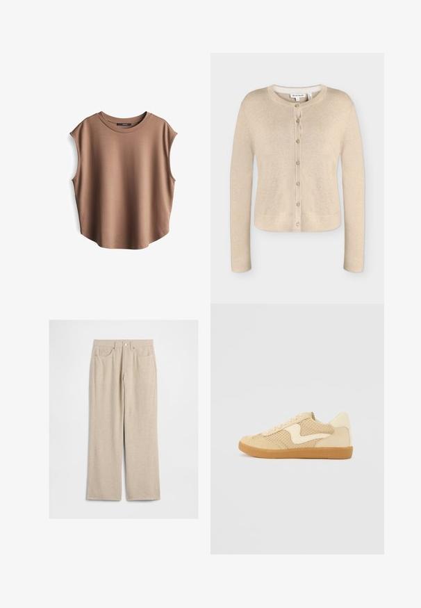 Beige Damen-Strickjacke mit langen Ärmeln, Rundhalsausschnitt und sieben Knöpfen vorne, Größe Small, flach auf weißem Hintergrund dargestellt.; Braunes ärmelloses Oberteil aus glattem Stoff, mit rundem Ausschnitt und abgesenkten Armausschnitten, leicht abgerundetem Saum und minimalistischem Design.; Beige weite Cordhosen mit Fronttaschen, Gürtelschlaufen und Metallknopfverschluss.; Beige Sneaker aus Wildleder und Mesh-Materialien, runde Form, auffälliger gepolsterter Kragen und eine Sohle aus Gummi. Verfügt über ein wellenförmiges Design-Highlight.