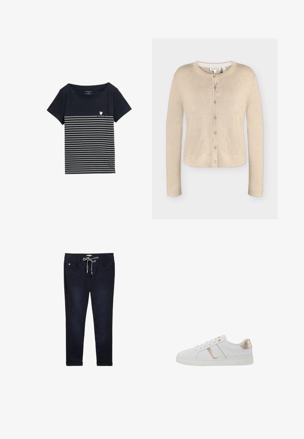 Beige Damen-Strickjacke mit langen Ärmeln, Rundhalsausschnitt und sieben Knöpfen vorne, Größe Small, flach auf weißem Hintergrund dargestellt.; Dunkelblaues T-Shirt mit weißen horizontalen Streifen, rundem Ausschnitt, kurzen Ärmeln und einem kleinen Herz-Logo mit dem Text "TOM TAILOR" auf der Vorderseite.; Marineblaue Hosen aus gewebtem Stoff, mit einem elastischen Bund und Kordelzug, zwei vorderen Taschen und umgeschlagenen Säumen.; Weiße Sneaker mit einem Low-Top-Design, glattem, lederähnlichem Material, metallic roségoldenen Akzenten und einer strukturierten Gummisohle.