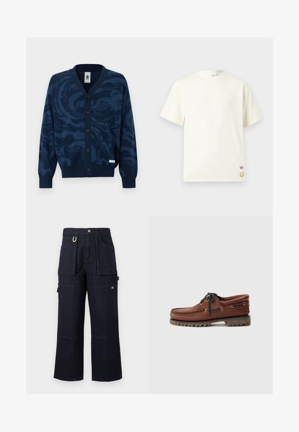 Marineblå knap-op cardigan med abstrakt mørkere blåt mønster, ribstrikkede manchetter og kant, to forlommer og et lille stofmærke med mærkenavn.; Enkelt off-white kortærmet bomuld T-shirt med rund hals, lille logomærke og beige snordetalje nær bundkanten.; Mørkeblå vidde bukser i denim til arbejde med store lommer foran og på siden, knaplukning og lille logopatch på låret.; Brune læder bådsko med struktureret overdel, sorte snørebånd og gyldne øjer. Har en holdbar, rillede gummisål.