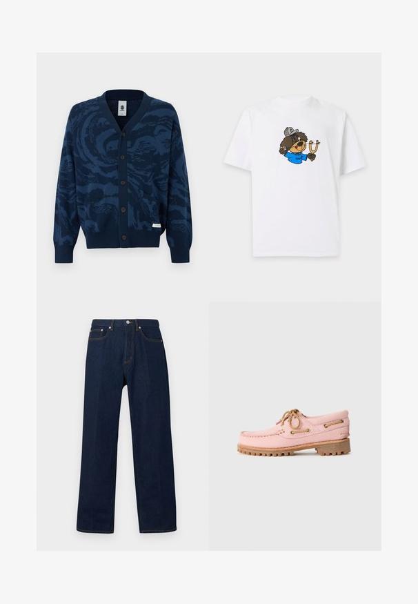 Marineblauwe cardigan met knopen, voorzien van een abstract patroon in donkerblauw, geribbelde manchetten en zoom, twee zakken aan de voorkant en een klein stoffen merkje.; Wit T-shirt met een cartoonbeer die een pet en een blauw overhemd draagt, en een katapult vasthoudt die klaar is om te schieten.; Donkerblauwe denim spijkerbroek met rechte pijpen, voorste knoop- en ritssluiting, en vijf zakken, afgebeeld op een effen achtergrond.; Roze leren bootshoe met tan kleurige veters, metalen oogjes en een dikke bruine rubberen zool, zijwaarts weergegeven op een witte achtergrond.