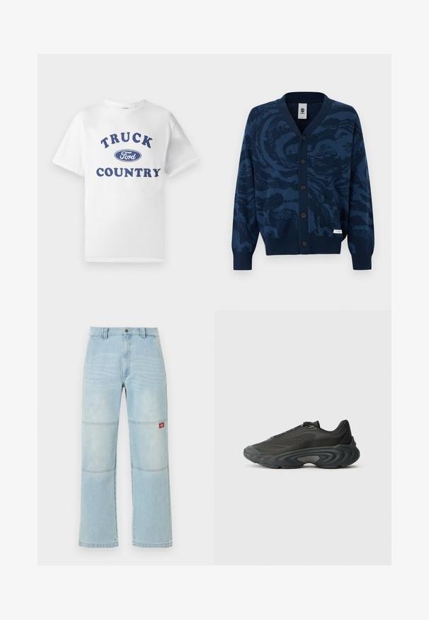 Cárdigan abotonado azul marino con patrón abstracto en azul más oscuro, puños y dobladillo acanalados, dos bolsillos frontales y una pequeña etiqueta de tela con la marca.; Camiseta de algodón blanca con texto impreso en azul "TRUCK COUNTRY" y un logo ovalado en azul de "Ford" en el centro. Mangas cortas y cuello redondo.; Vaqueros de mezclilla azul claro de pierna ancha con detalles en el panel de la rodilla y un pequeño parche rectangular de logo rojo en el muslo derecho.; Zapatilla deportiva negra con parte superior de malla y sintético, diseño elegante, suela curva gruesa y acentos texturizados en los lados y la punta.
