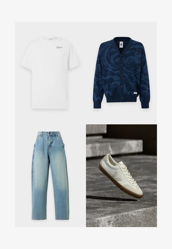 Marineblauwe cardigan met knopen, voorzien van een abstract patroon in donkerblauw, geribbelde manchetten en zoom, twee zakken aan de voorkant en een klein stoffen merkje.; Witte katoenen t-shirt met korte mouwen en ronde hals, voorzien van een zwart "Pompeii" logo op de linkerborst. Zachte, gladde textuur.; Lichtblauwe high-waist wijde jeans van denim met voorzakken en knoopsluiting op een effen achtergrond.; Witte leren sneakers met een bruine rubberen zool, platte veters en een V-vormig accent aan de zijkant. Ze hebben een glad oppervlak en minimale stikdetails.