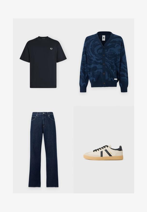 Cardigan boutonné bleu marine avec motif abstrait bleu plus foncé, poignets et ourlet côtelés, deux poches avant et une petite étiquette de marque en tissu.; T-shirt noir à manches courtes et col rond avec petit logo de couronne de laurier blanche sur le côté gauche de la poitrine, présenté sur un fond clair uni.; Jean denim droit bleu foncé avec cinq poches, passants pour ceinture, et une fermeture avant avec bouton et fermeture éclair.; Baskets décontractées en crème avec des rayures noires, présentant un dessus texturé et une semelle en caoutchouc. Les lacets sont noirs. Logo discret sur le côté.