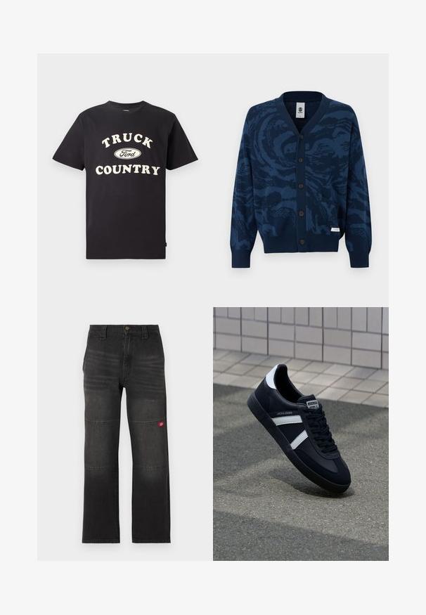 Marineblauer Strickjacke mit Knopfleiste, abstraktem dunklerem blauem Muster, gerippten Bündchen und Saum, zwei vorderen Taschen und einem kleinen Stoff-Brandetikett.; Schwarzes Baumwoll-T-Shirt mit kurzen Ärmeln, das "TRUCK COUNTRY" in cremigem Text und einem Ford-Logo-Design auf der Vorderseite zeigt.; Schwarze Denim-Arbeitshose mit doppelten Kniepaneelen und einem kleinen roten Logopatch am rechten Bein, gerader Schnitt und Bund mit Knopfverschluss.; Schwarze Leder-Sneaker mit weißen Streifen, strukturiertem Gummisohle und Schnürung. Verfügt über ein Markenetikett auf der Zunge.