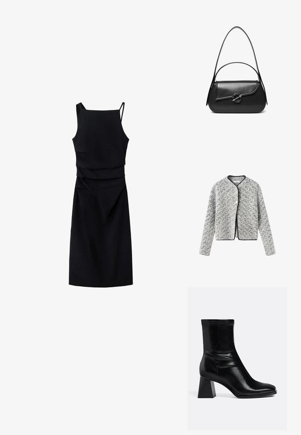 Cardigan texturé gris et blanc avec une coupe légèrement raccourcie, un col rond et des bordures noires, doté d'une fermeture à un bouton.; Robe midi noire sans manches avec un design superposé asymétrique et une fine bretelle sur l'épaule droite, silhouette ajustée.; Bottine en cuir noir avec talon bloc carré et bout arrondi, vue latérale sur fond clair uni.; Sac à bandoulière en cuir noir avec un rabat incurvé fermé par un fermoir métallique rond et une sangle fine et ajustable.