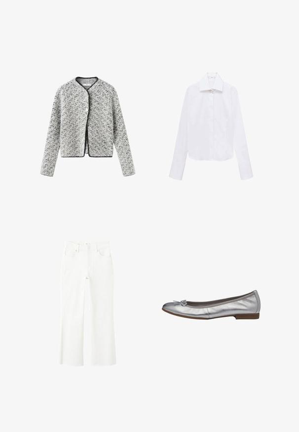Grijs-witte gebreide cardigan met een licht ingekort model, ronde halslijn en zwarte bies, voorzien van een enkele knoopsluiting.; Witte cropped shirt met lange mouwen, een puntkraag en knopen aan de voorkant. Gemaakt van een gladde, lichte stof. Geen zichtbare patronen of accenten.; Witte jeans met hoge taille en rechte pijpen, uitgevoerd in een vijfzakkenmodel, met knoopsluiting en onafgewerkte zoomdetails bij de enkels.; Zilverkleurige metallic ballerina met een ronde neus, strikdetail op de neus en een lage houten hak. Zachte textuur en slank ontwerp.