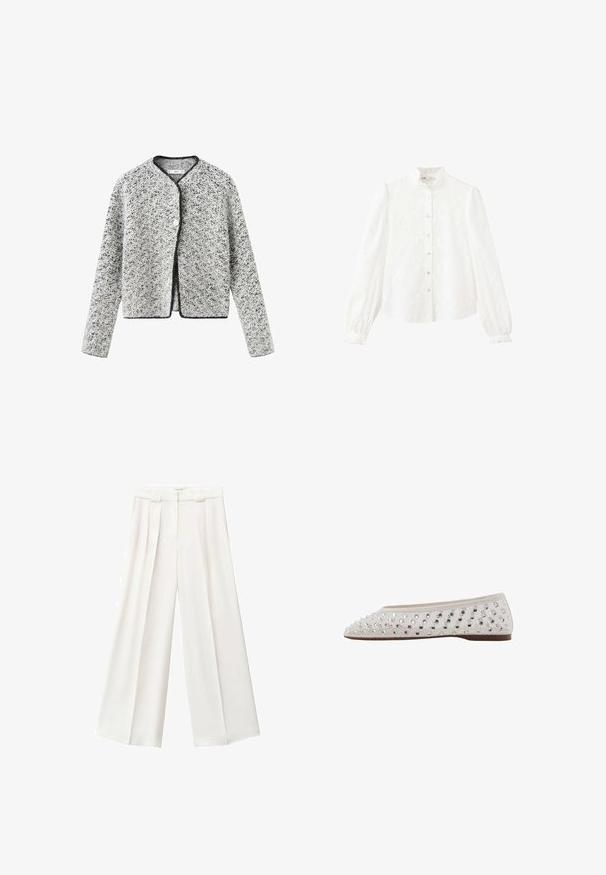 Grå og hvide teksturerede cardigan med en let cropped pasform, rund halsudskæring og sort kant, med enkelt knaplukning.; Hvid bluse med lange ærmer, høj krave, knaplukning foran, puffede ærmer og et subtilt blomsterbroderi.; Hvide vide bukser lavet af blødt stof, med frontplisseringer, høj talje, og et rent design uden synlige lommer eller mønstre.; Balletflad i cremefarvet stof med sølvfarvede palietter arrangeret i et prik mønster, rund tå og lav brun sål. Tekstureret overdel for ekstra detalje.