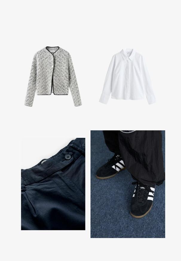 Cardigan texturé gris et blanc avec une coupe légèrement raccourcie, un col rond et des bordures noires, doté d'une fermeture à un bouton.; Chemise blanche à manches longues boutonnée, avec col pointu et larges poignets, présentée sur un fond blanc uni.; Pantalons bleu marine en tissu léger avec une ceinture plate, fermeture à bouton et texture subtile. Comprend des poches et des détails de couture.; Des chaussures de sport en suède noir avec trois rayures blanches et des lacets noirs. Un pantalon noir texturé est partiellement visible à côté des chaussures.