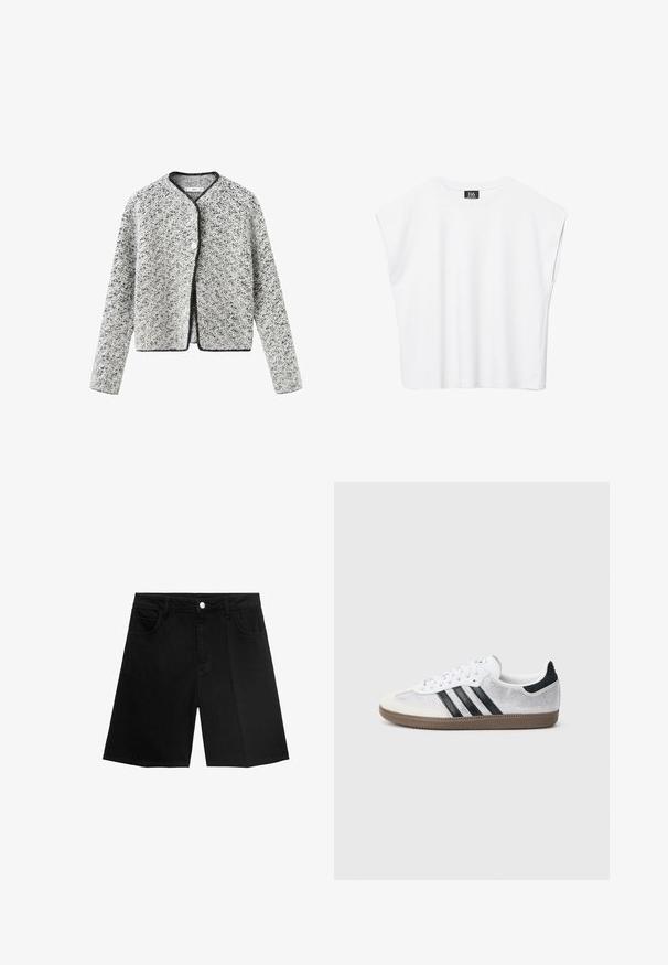 Grå og hvide teksturerede cardigan med en let cropped pasform, rund halsudskæring og sort kant, med enkelt knaplukning.; Hvid ærmeløs crop top med rund halsudskæring, brede skuldre og sort "B6"-label indvendigt i kraven.; Sorte denim shorts med lige snit, fem lommer og sølvfarvet knaplukning. Glat tekstur med minimal syning.; Hvid mesh-sneaker med sorte striber, beige ruskind på tåhætte og hæl, tekstureret gummisål og hvide snørebånd. Klassisk lavtopsdesign.