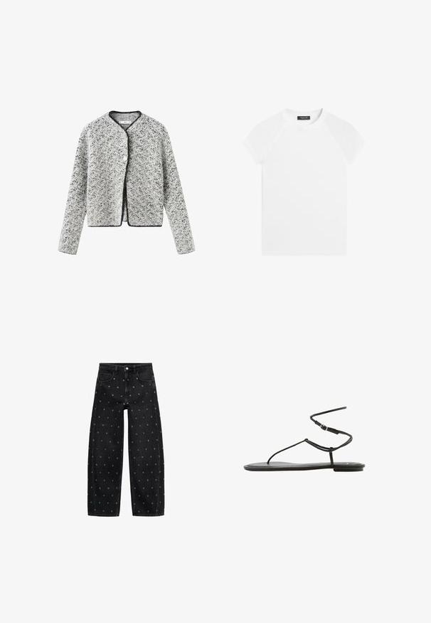 Grijs-witte gebreide cardigan met een licht ingekort model, ronde halslijn en zwarte bies, voorzien van een enkele knoopsluiting.; Wit T-shirt met korte mouwen en ronde hals met raglanmouwen en een zwart label aan de binnenkant van de kraag met daarop Massimo Dutti.; Zwarte straight-leg spijkerbroek met metalen oogjes die de stof gelijkmatig bedekken, voorzien van voorzakken en riemlussen.; Zwarte platte sandaal met dunne bandjes en een gesp sluiting rond de enkel, minimalistisch ontwerp, zijaanzicht op witte achtergrond.