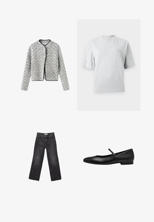 Cardigan texturé gris et blanc avec une coupe légèrement raccourcie, un col rond et des bordures noires, doté d'une fermeture à un bouton.; T-shirt gris clair à manches courtes et col rond, coupe décontractée, présenté sur un fond blanc uni.; Jean noir à jambes larges avec poches avant et arrière, fermeture par bouton et passants de ceinture, posé à plat sur fond blanc.; Ballerines en cuir noir avec un bout rond, une sangle unique sur le coup de pied et un petit talon rectangulaire. Texture lisse.