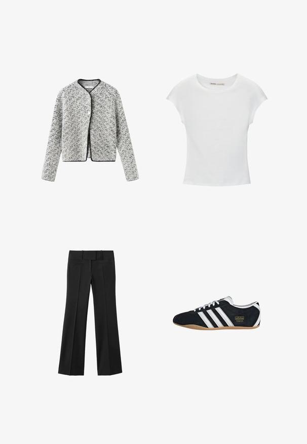 Cardigan texturé gris et blanc avec une coupe légèrement raccourcie, un col rond et des bordures noires, doté d'une fermeture à un bouton.; T-shirt en coton blanc avec manches courtes retroussées, encolure ronde et ourlet droit. Texture lisse sans motifs ni accents visibles.; Pantalon noir à jambes larges avec une texture lisse, taille haute et deux poches latérales. Lignes épurées et design sur mesure.; Sneakers en suede noir avec trois bandes blanches, logo doré et semelle en caoutchouc marron. Présente un design à lacets à profil bas.