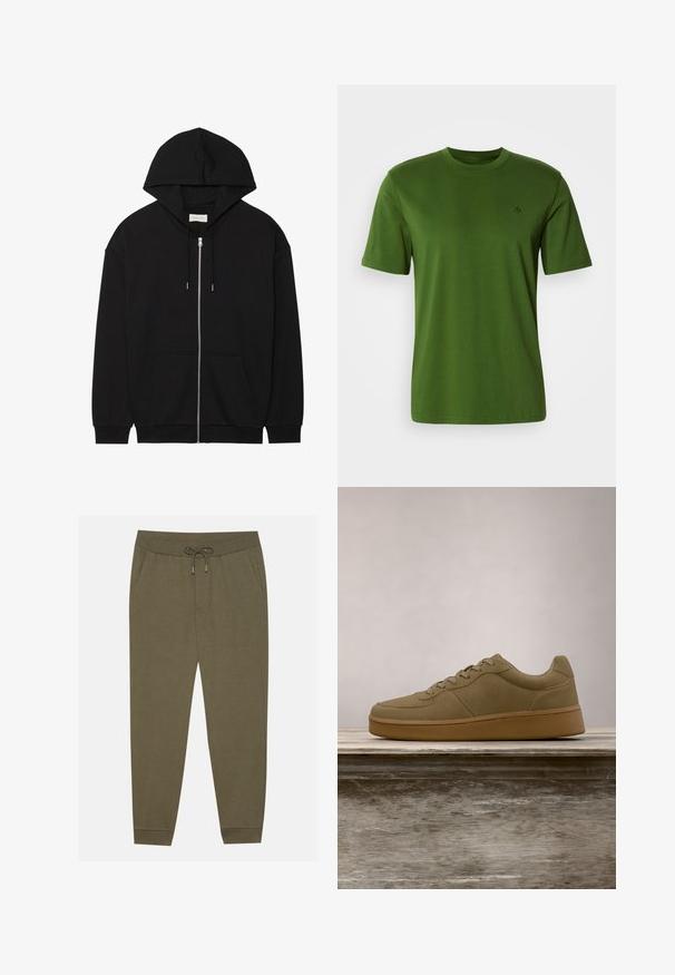 Haut à capuche zippé noir en coton doux. Doté d'une capuche avec cordon de serrage, de poches avant et de poignets côtelés. Design simple et épuré.; T-shirt en coton vert avec un col rond, des manches courtes, et un petit logo brodé sur la poitrine. Texture lisse, coupe décontractée.; Pantalons de jogging vert olive avec une taille élastique, cordon de serrage, poches latérales et jambes fuselées. Fabriqués en tissu doux au toucher lisse.; Baskets vert olive à lacets flottant au-dessus d'un banc en bois, avec un feuillage vert flou en arrière-plan.