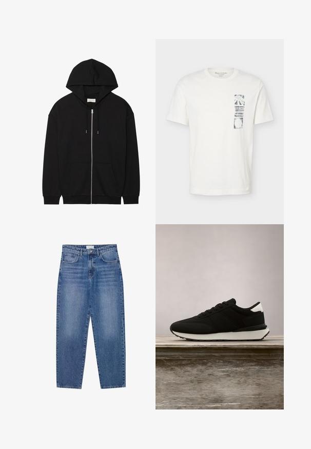 Haut à capuche zippé noir en coton doux. Doté d'une capuche avec cordon de serrage, de poches avant et de poignets côtelés. Design simple et épuré.; T-shirt blanc à manches courtes avec col rond et graphique abstrait rectangulaire noir sur la partie gauche de la poitrine.; Jean en denim bleu avec une taille haute, une coupe droite et une finition délavée. Comprend cinq poches et une fermeture à bouton.; Baskets noires avec semelle blanche et détail au talon flottant au-dessus d'un banc en bois, herbes hautes vertes floues en arrière-plan.