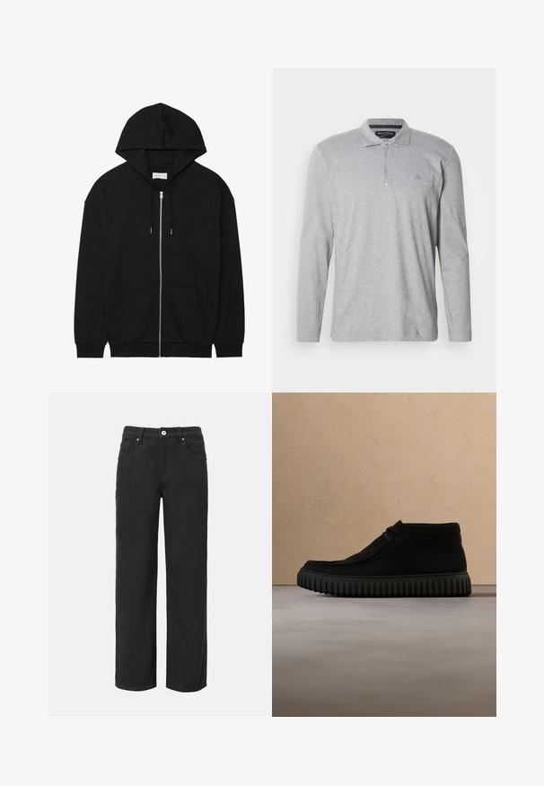 Zwarte zip-up hoodie gemaakt van zachte katoenen stof. Voorzien van een trekkoord capuchon, voorzakken en ribgebreide cuffs. Eenvoudig, plain ontwerp.; Grijze polo met lange mouwen van zachte stof, voorzien van een halve ritssluiting, een klassieke kraag en een klein logo op de borst.; Zwarte wijde broek van katoen met vier zakken, sluiting met een knoop aan de voorkant en een klassiek denim ontwerp. Soepele textuur, geen zichtbare patronen.; Zwarte enkelboots van zacht materiaal, met een ronde neus, minimale veters en een gestructureerde rubberen zool met verticale groeven.