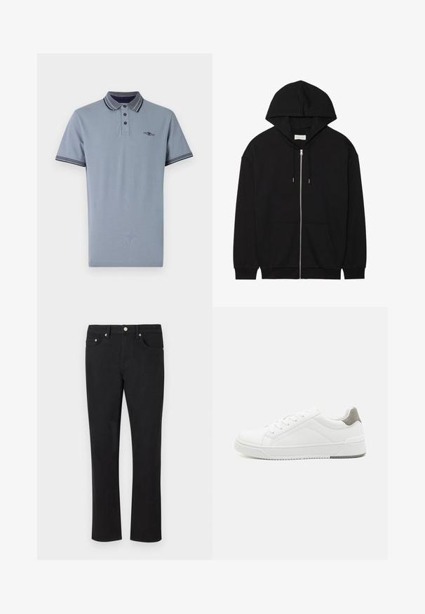 Zwarte zip-up hoodie gemaakt van zachte katoenen stof. Voorzien van een trekkoord capuchon, voorzakken en ribgebreide cuffs. Eenvoudig, plain ontwerp.; Polo shirt in lichtblauw katoen, met een contrasterende kraag met marineblauwe accenten, een placket met twee knopen en een klein logo op de borst.; Zwarte denim jeans met een recht model, voorzien van vijf zakken en zilveren hardware met een gladde textuur. Geen patronen of accenten.; Witte sneaker van glad leer met een ronde neus, minimalistisch ontwerp, grijze hielaccent en een geplaatste rubberen zool.