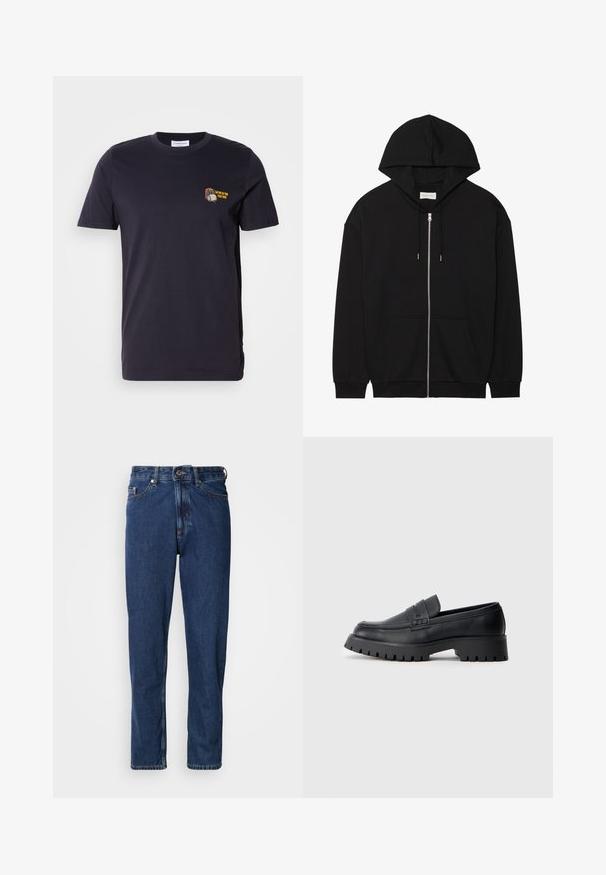 Must mustaga kapuutsiga must zip-up pusakas, valmistatud pehmest puuvillast kangast. Omab nööriga kapuutsi, eesmistesse taskutesse ja soonikkoes ääriseid. Lihtne ja tagasihoidlik disain.; Tumed tumesinine puuvilla T-särk lühikeste varrukatega ja ümar kaelus. Vasakul rinnakorvil on väike broderi kujundus tekstiga.; Tumesinised teksapüksid, valmistatud teksariidest, sirge säärega, viie taskuga ja nähtavate õmblustega õmbluste ääres.; Mustad mustad nahast loafers ümarate varvastega, dekoratiivse rihmaga ja turske kummitald koos sügavate tallaga, et tagada haarde.