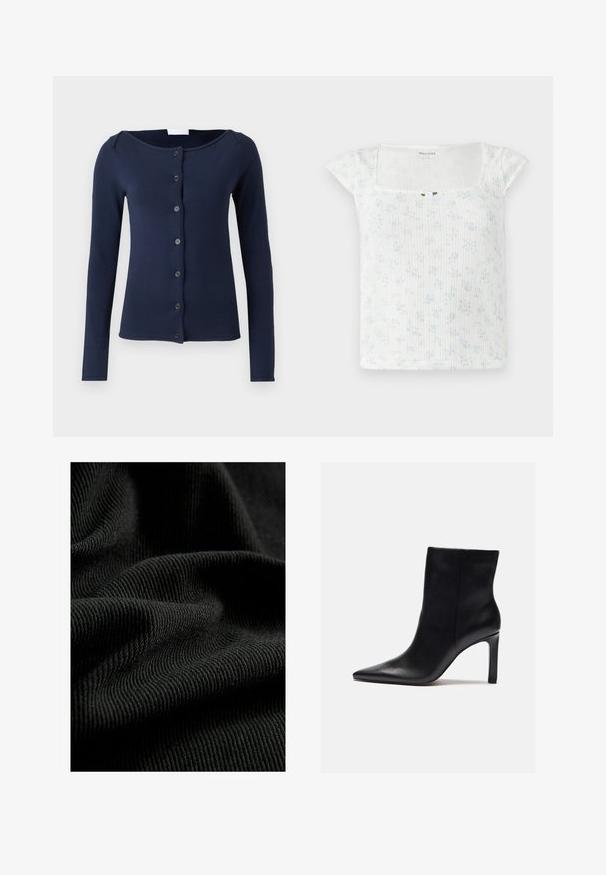 Cardigan bleu marine à manches longues en tissu doux, avec un col rond et une fermeture à l'avant à six boutons assortis.; Haut à motifs floraux blancs avec de courtes manches chauve-souris, texture côtelée, décolleté carré et un petit bouton décoratif au centre devant.; Tissu noir côtelé avec une surface texturée, mettant en valeur des plis et des courbes subtiles. Le matériau semble léger et flexible.; Zign Bottines à talons hauts - black